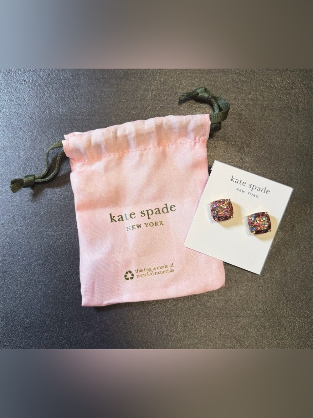 Kate Spade Confetti New York Earrings Square Stud   Gold Tone With Dustbag